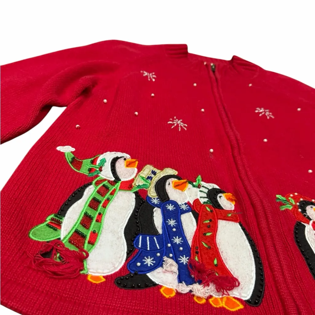 🎅 Vintage White Stag Red Christmas Sweater with Penguins 🐧 Women’s Large - Image 3
