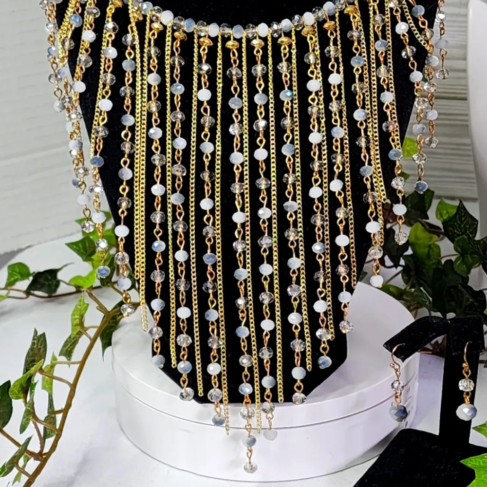 Statement Choker Necklace Earrings Set Cascading Crystal and Chain Waterfall Blue - Image 5