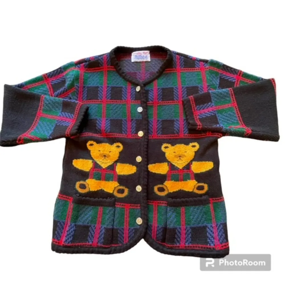 1980's AOP Teddy Bear Tartan Plaid Plush Tail Themed Cardigan Sweater Medium - Image 11