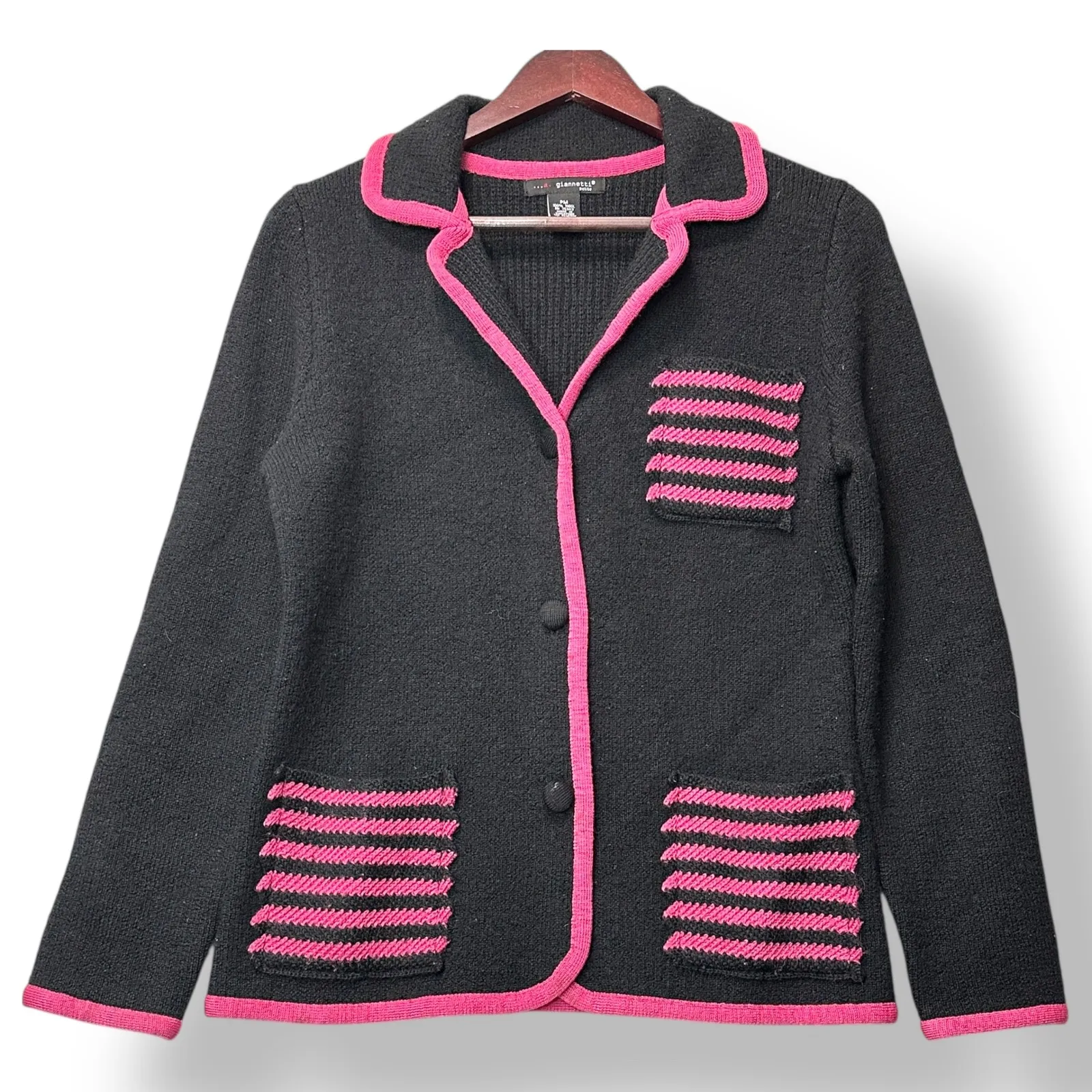 Giannetti Women Wool Jacket PM Black Pink Trim Cardigan Blazer Retro Preppy Twee Size undefined - Image 2
