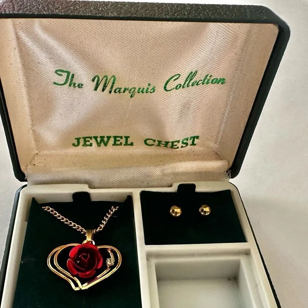The Marquis Collection gold tone heart pendant with red rose necklace and earring - Image 3
