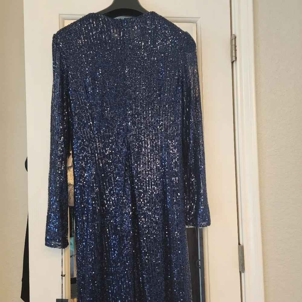 26552 v neck long sleeve SEQUINED KNOTTED WAIST MIDNIGHT NAVY GOWN 14 - Image 9