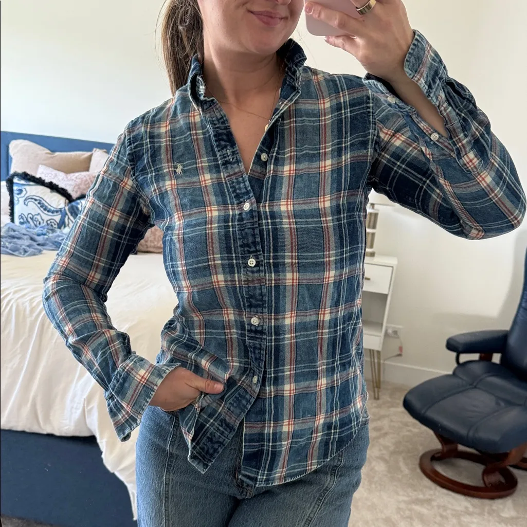 Ralph Lauren classic fit cotton plaid 835 indigo red washed rustic plaid shirt - Image 7