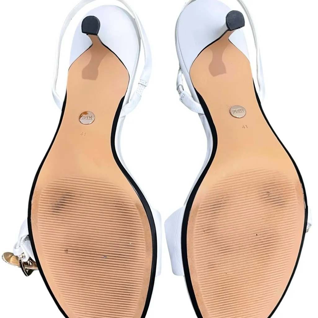 Zara Gold Buckle White Kitten Heels - Image 5