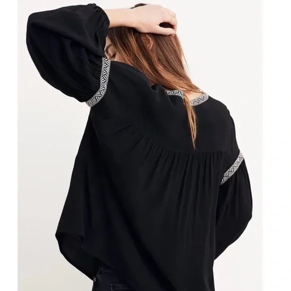 Madewell Black Embroidered Blousan Top, Black Peasant Blouse S - Image 3