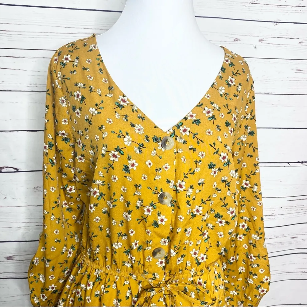Hint of Blush Mustard Yellow Spring Summer Granny Floral Casual Dress Size Large - Image 6