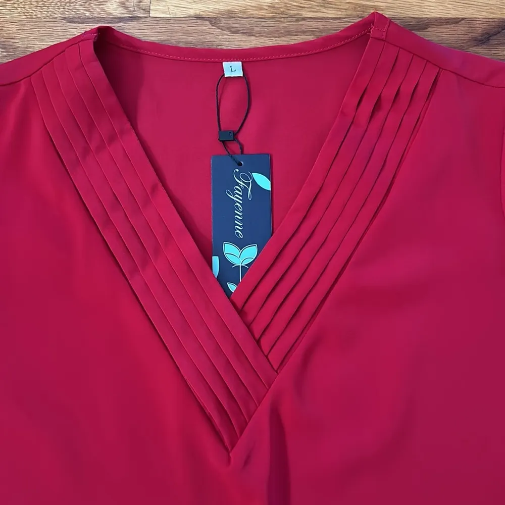 Fayenne V Neck Ruffle Short Sleeve Blouse Sz M Red Size L - Image 4