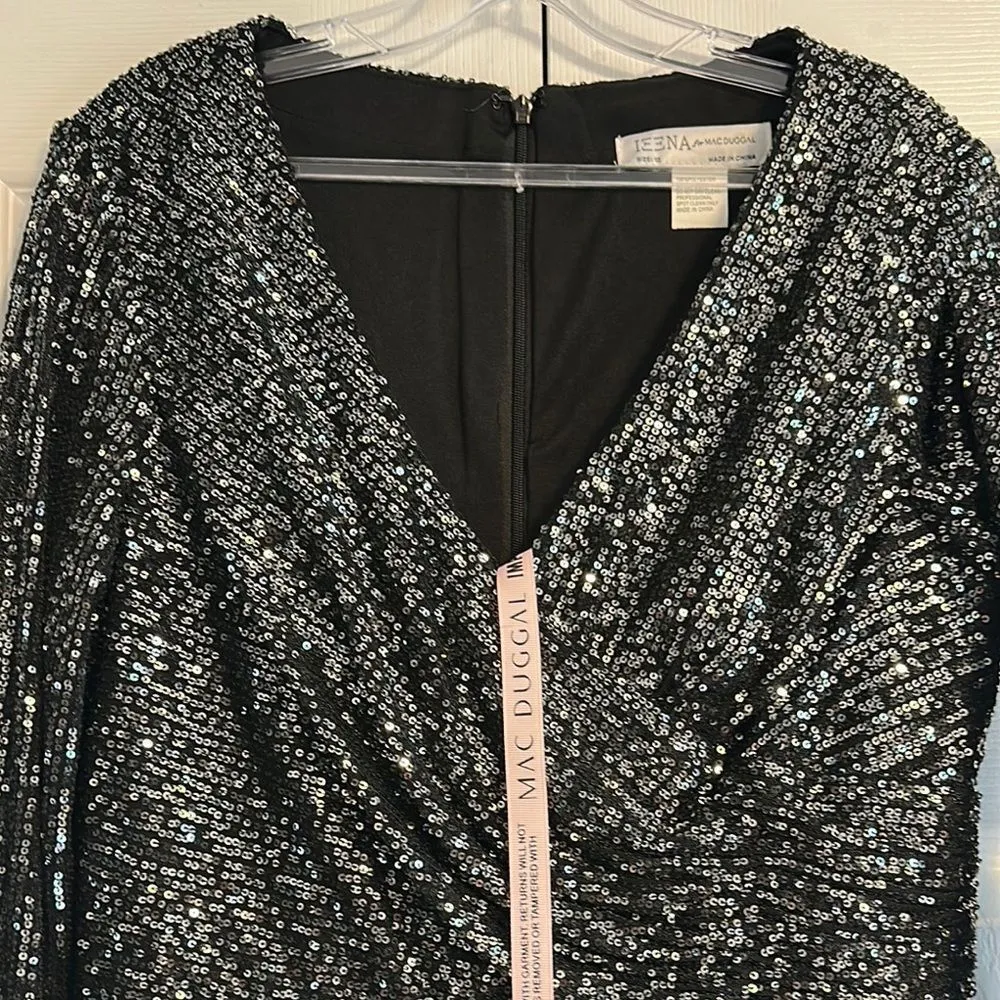 IEENA for Mac Duggal Black Sequin Faux Wrap V Neck Long Sleeve Midi Dress Siz 12 - Image 2