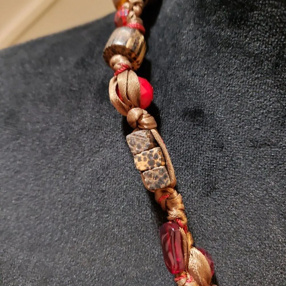 Women Brown Ribbon Wrapped Wood & Crystel Bead Collar Necklace with S Hook Clasp - Image 4