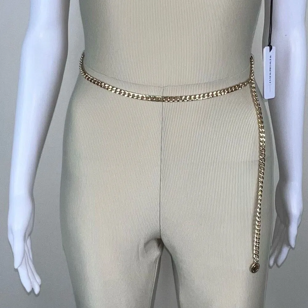 WeWoreWhat Solid Rib Scoop Jumpsuit in Khaki with Gold Chain Belt - Image 10