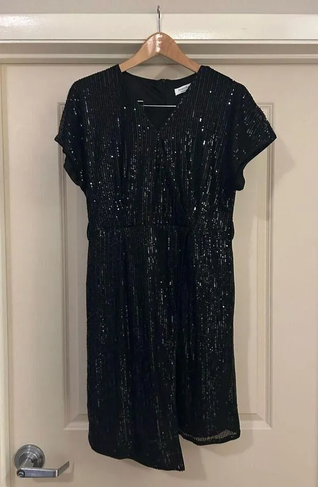 NEW Black Sequin Sparkly Glitter V Neck Bodycon Sparkle Dress L NO BELT Black Size L - Image 3
