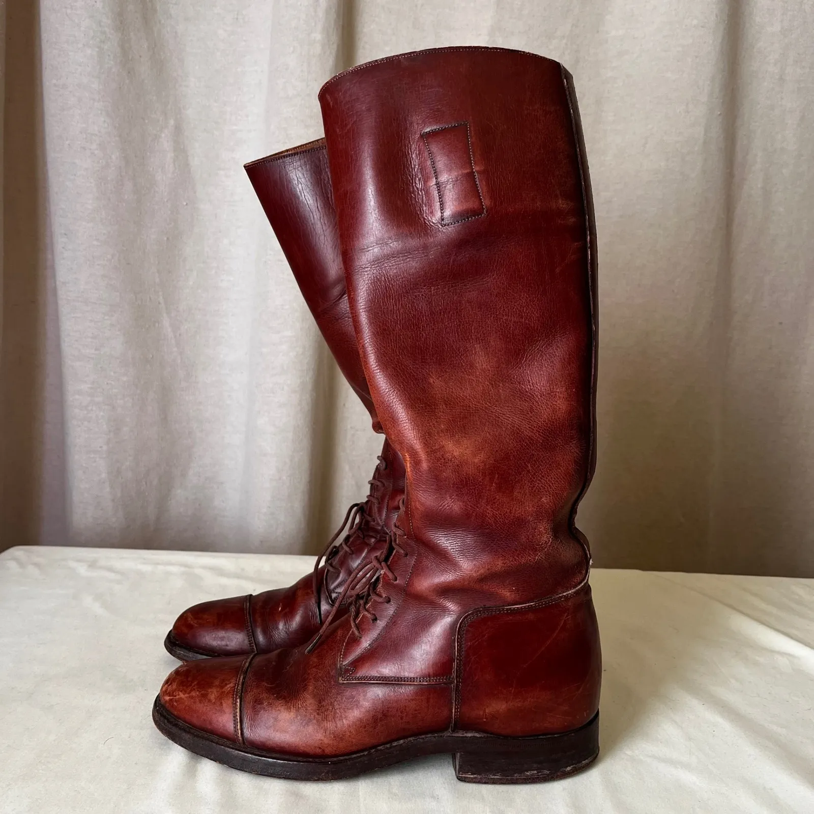 Vintage Burgundy Leather Tall Lace Up Riding Boots Cap Toe Women's 7 Narrow Brown - Image 2
