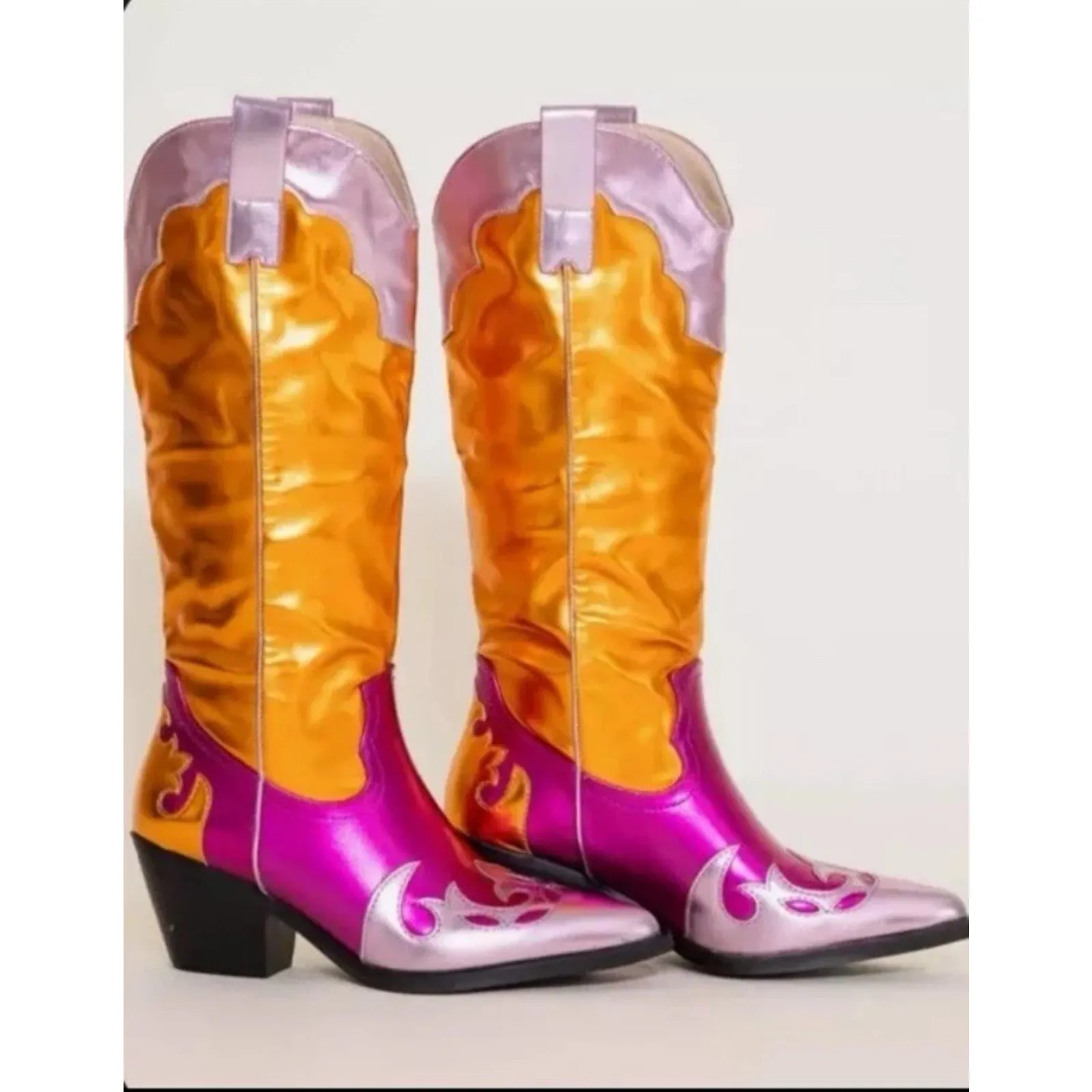 Azalea Wang Hendrix Western Cowboy Boot Knee High Pink/Orange Metallic Sz 9 Pink - Image 3