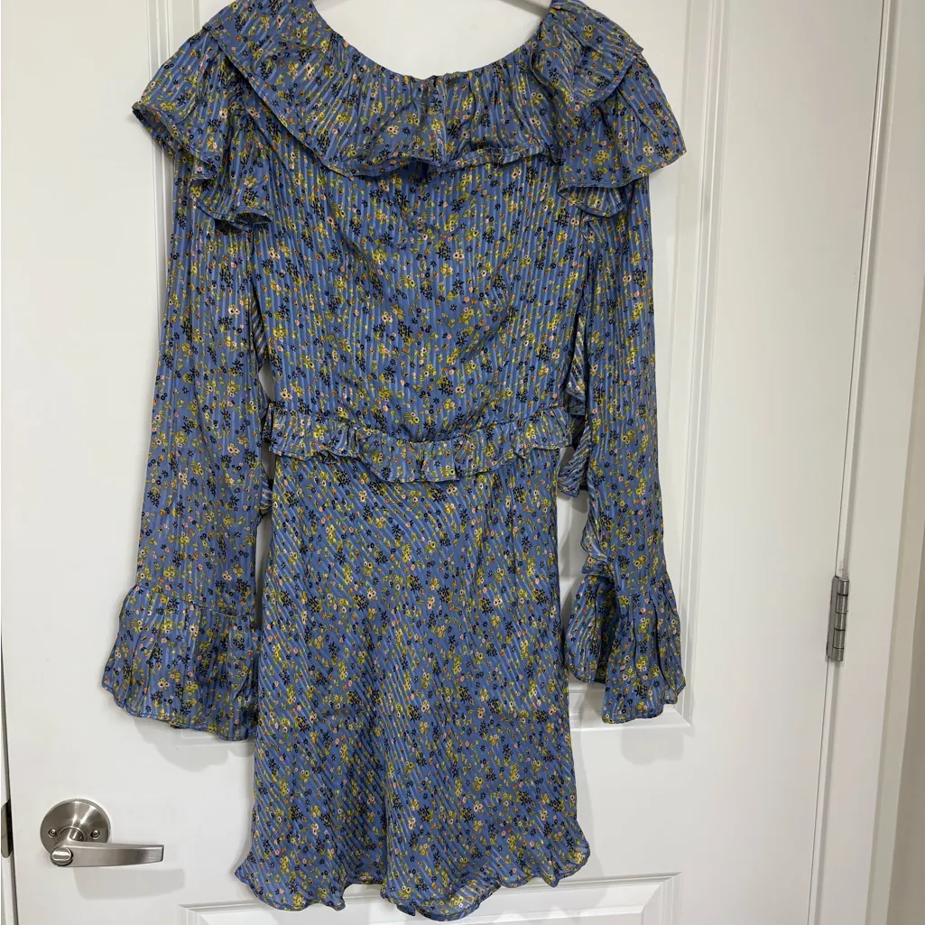 NWT Free People Blue Floral Ruffle Mini Dress Long Bell Sleeves Size 4 - Image 3