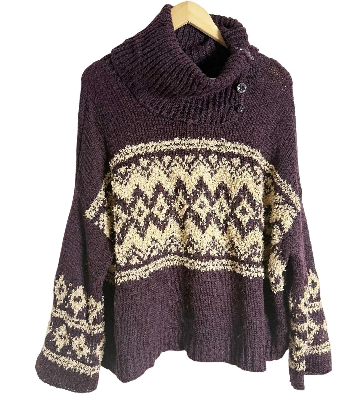 Free People Brown Fair Isle Split Turtleneck Wool Knit Winter Sweater M - Image 3