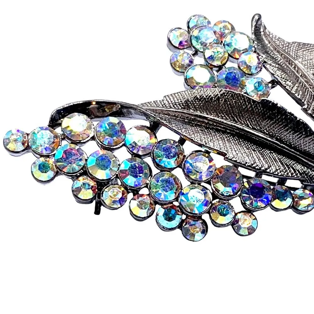 Vintage Alfred Sung Gray Tone Floral Brooch With Aurora Borealis Rhinestones - Image 3