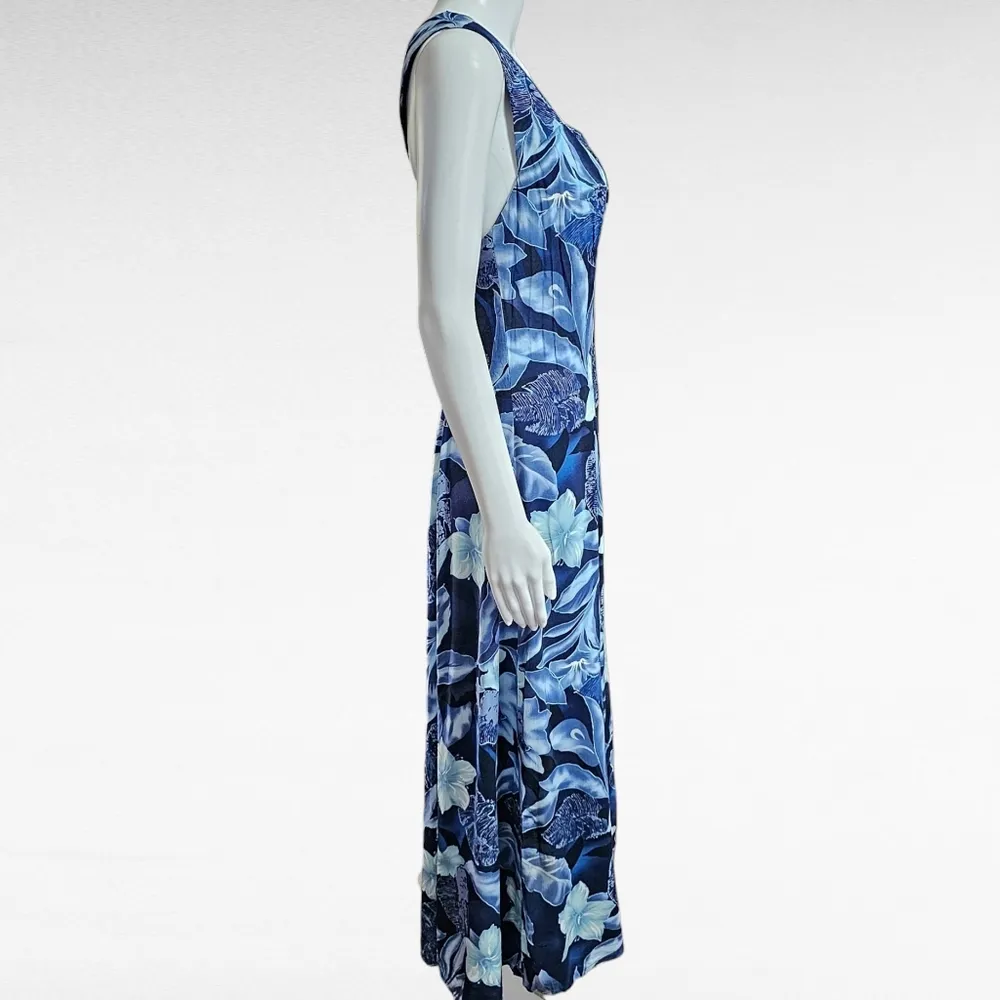 Vintage All That Jazz 90s Blue Tropical Floral Sleeveless Maxi Dress Size 9/10 - Image 3