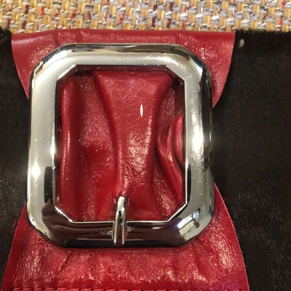 BLACK & WHITE Clutch with Red Leather Belt Accent Silver Buckle - Image 8