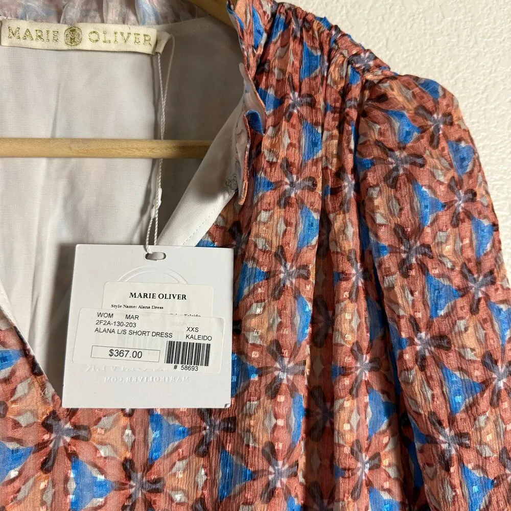 Marie Oliver Alana Floral Kaleidoscope Silk Long Sleeve Ruffled Mini Dress XXS - Image 11