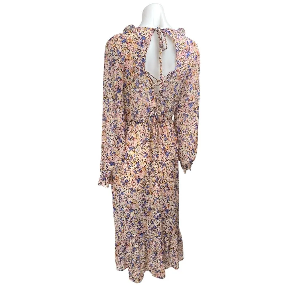 Zara Multicolor Long Puff Sleeve V-Neck Ruffle Cutout A Line Maxi Dress Size M - Image 2