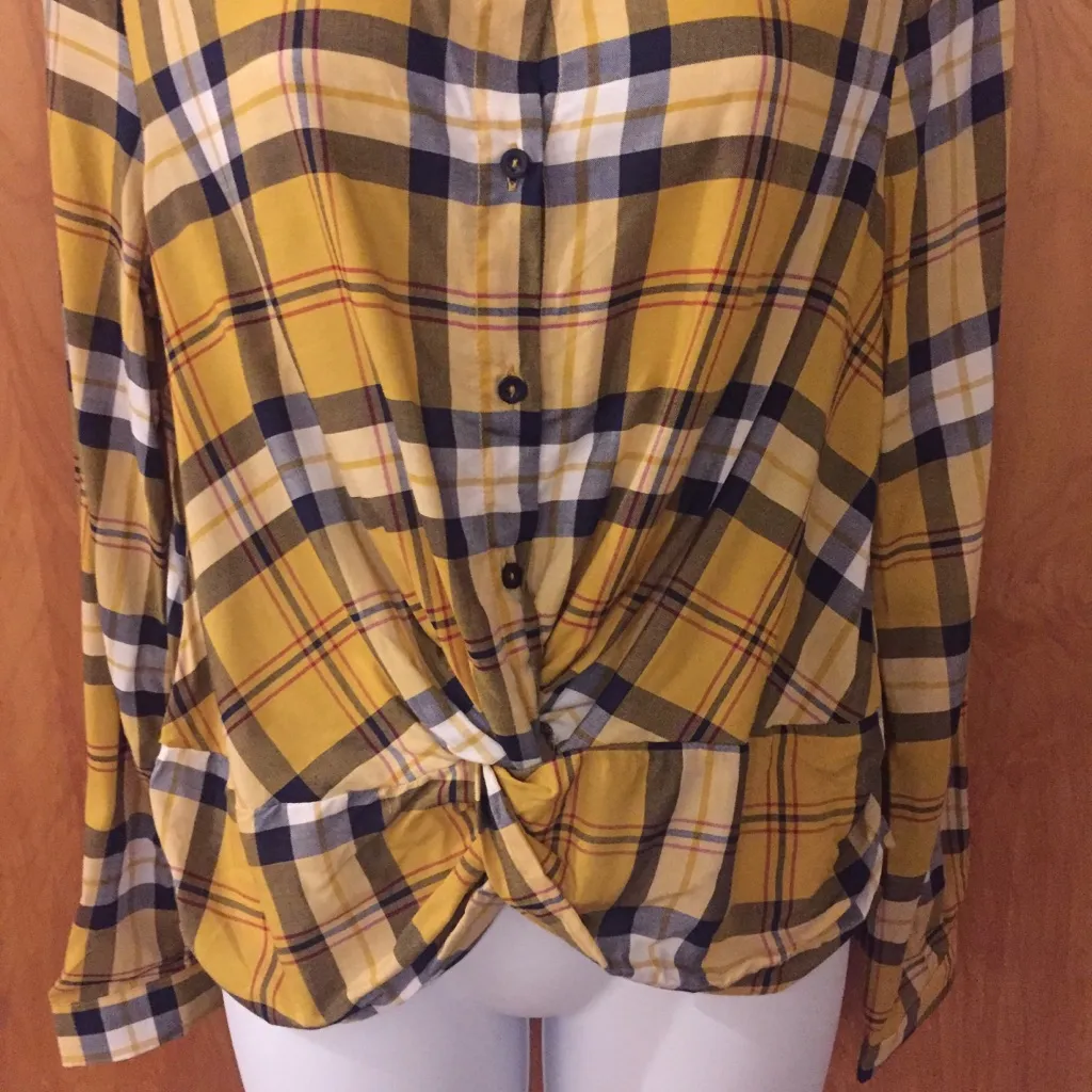 Yellow Plaid Love Tree Button Down Knott Front Top - Size Small - Image 3