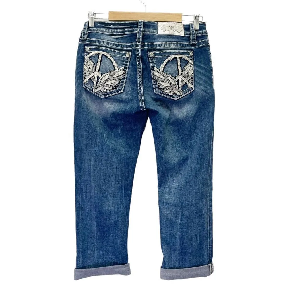 Miss Me Mid Rise Capri Straight Leg Jeans Medium Wash Peace Sign Crops Size 28 - Image 3