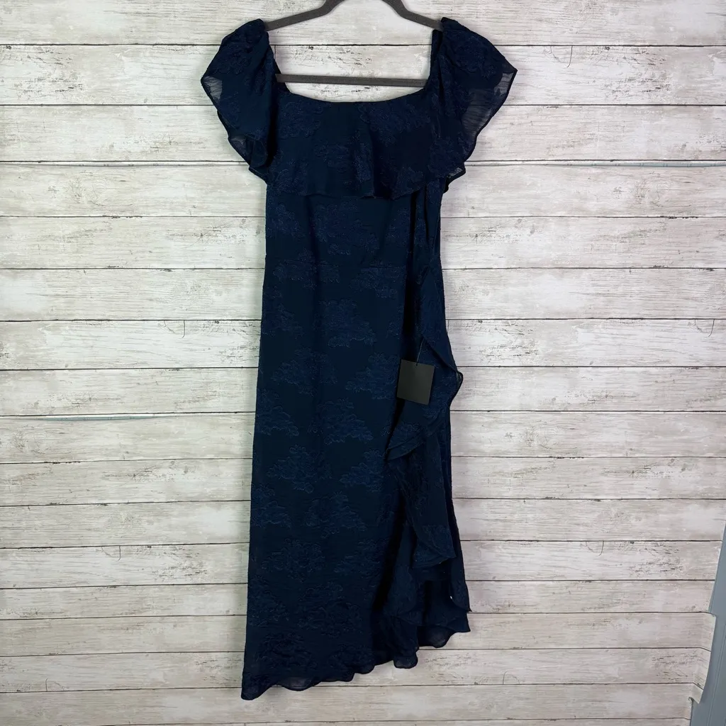 Lulus Pretty Perfect Navy Floral Burnout Off The Shoulder Midi Dress Medium Blue - Image 3