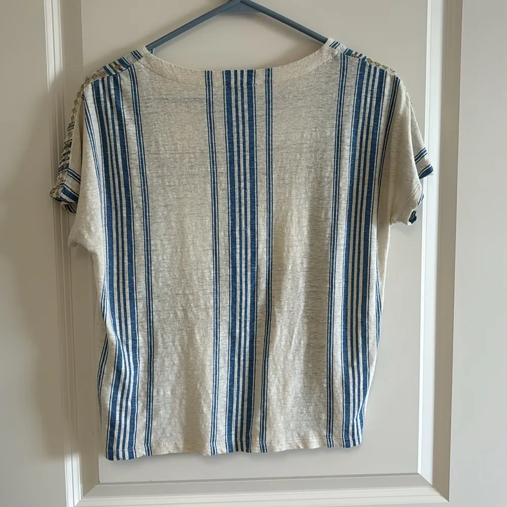 Lucky Brand Linen Top Color Cream w/ Blue Vertical Stripes & Gold Embroidery XS - Image 4