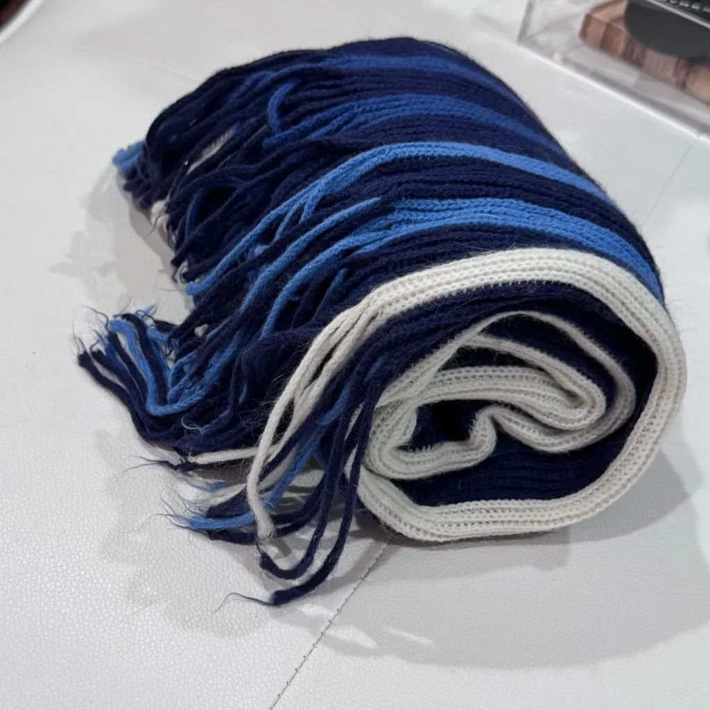 Striped Blue and White Scarf with Fringe - Image 7