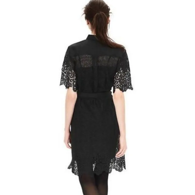 Banana Republic Heritage Belted Lace Shirt Dress Women Size 2 Black Crochet Hem - Image 3
