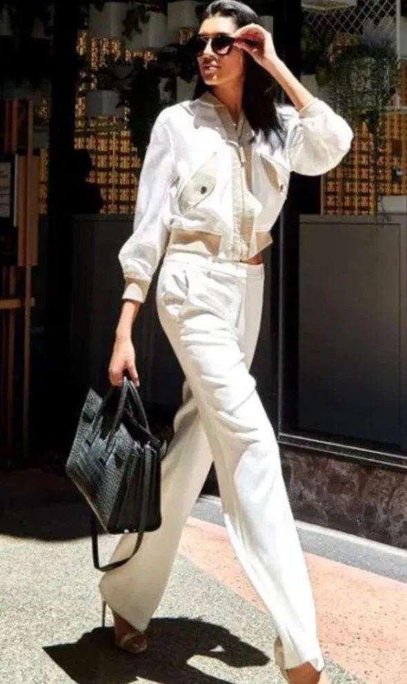 BCBGMAXAZRIA Hugh Mesh Bomber Jacket Beige/White Size XXS NEW - Image 3