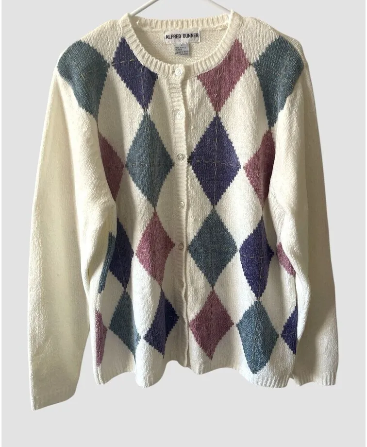 Alfred Dunner Chenille Cardigan Sweater Size Large Granny White Argyle Vtg - Image 1