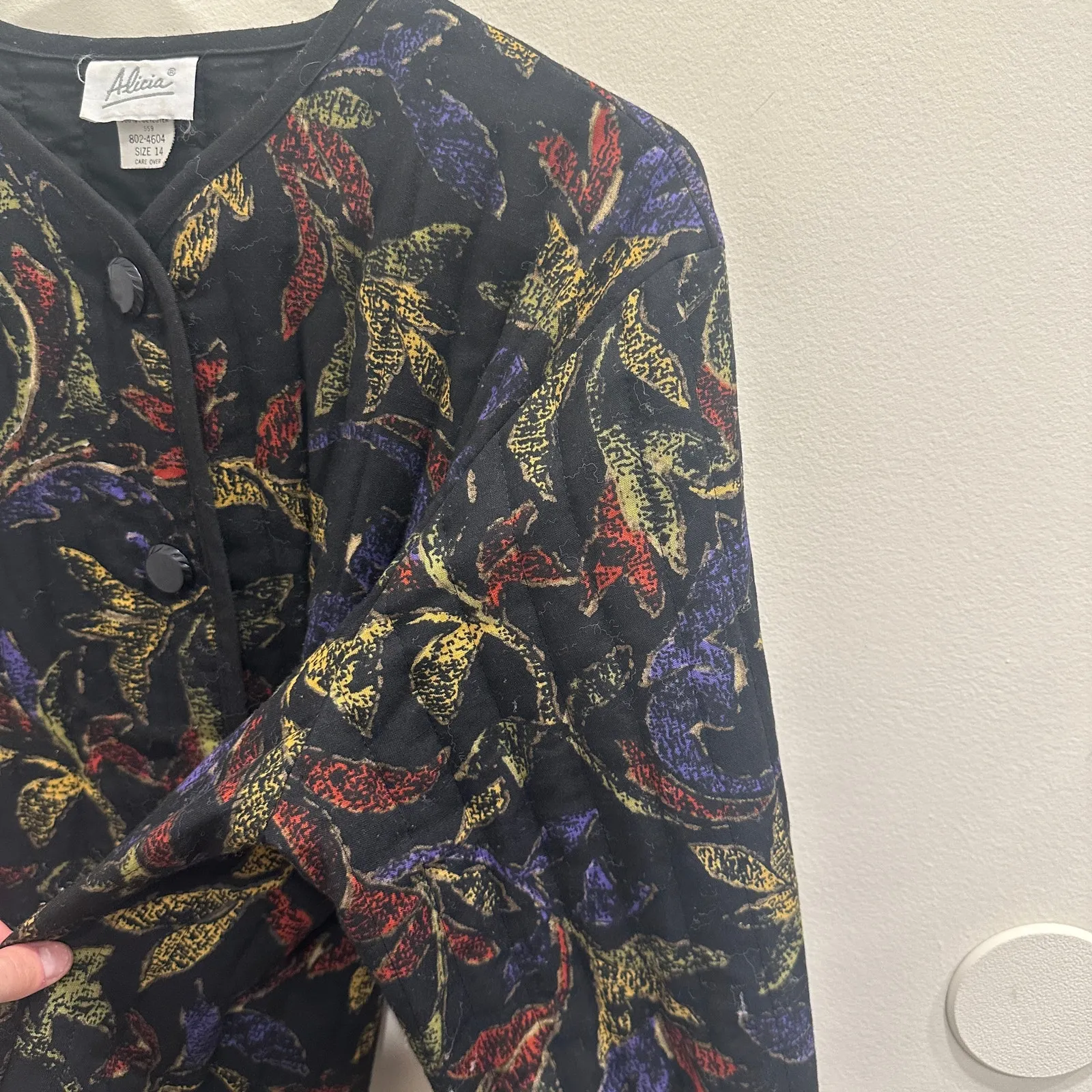 Vtg 80s Alicia Black Quilted Floral Jacket Leaf Print Cottage Fall Prairie Large - Image 4