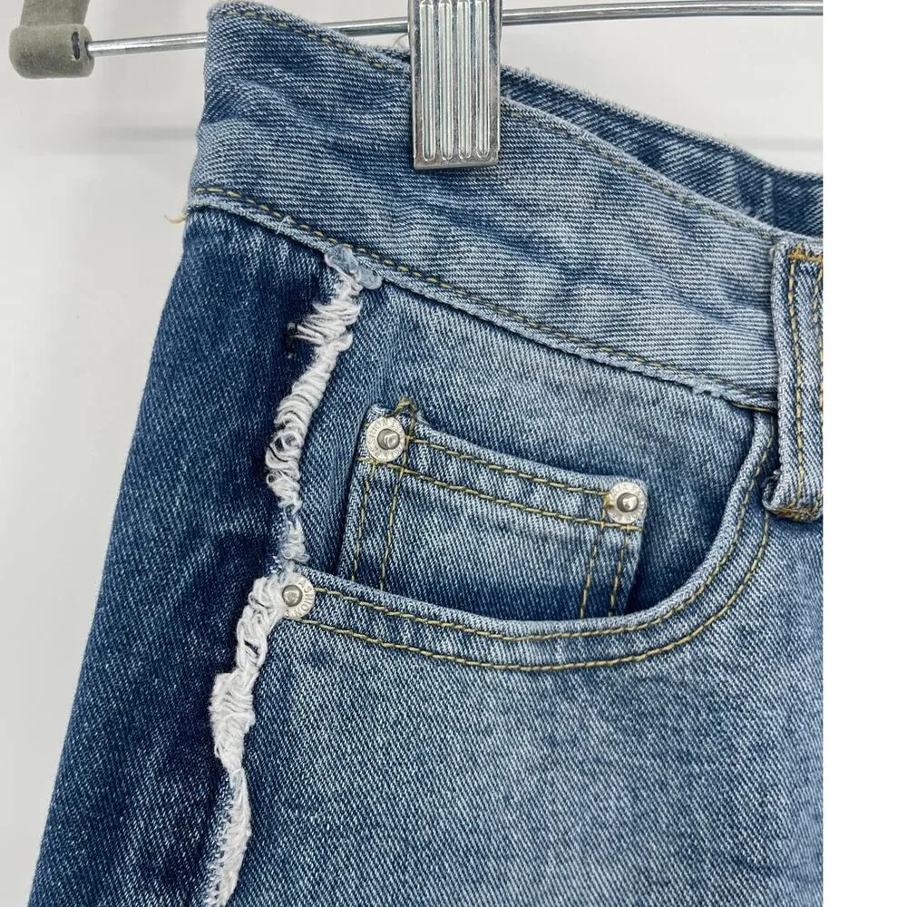 En Creme Y2K Cut Off Denim Mini Skirt Sz S Festival Grunge Distressed Raw Edge Blue - Image 2