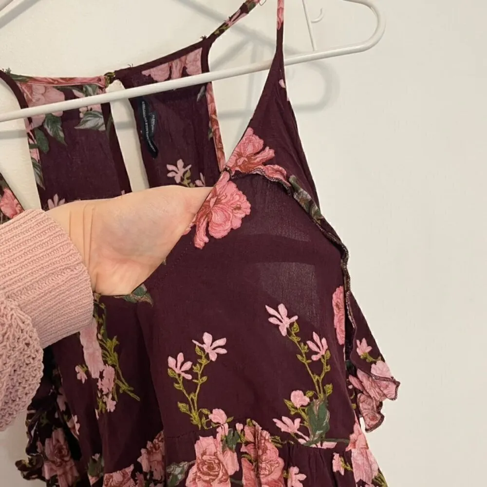 AMERICAN EAGLE Burgundy Maroon Floral Cold Shoulder Long Sleeve Babydoll Blouse - Image 8