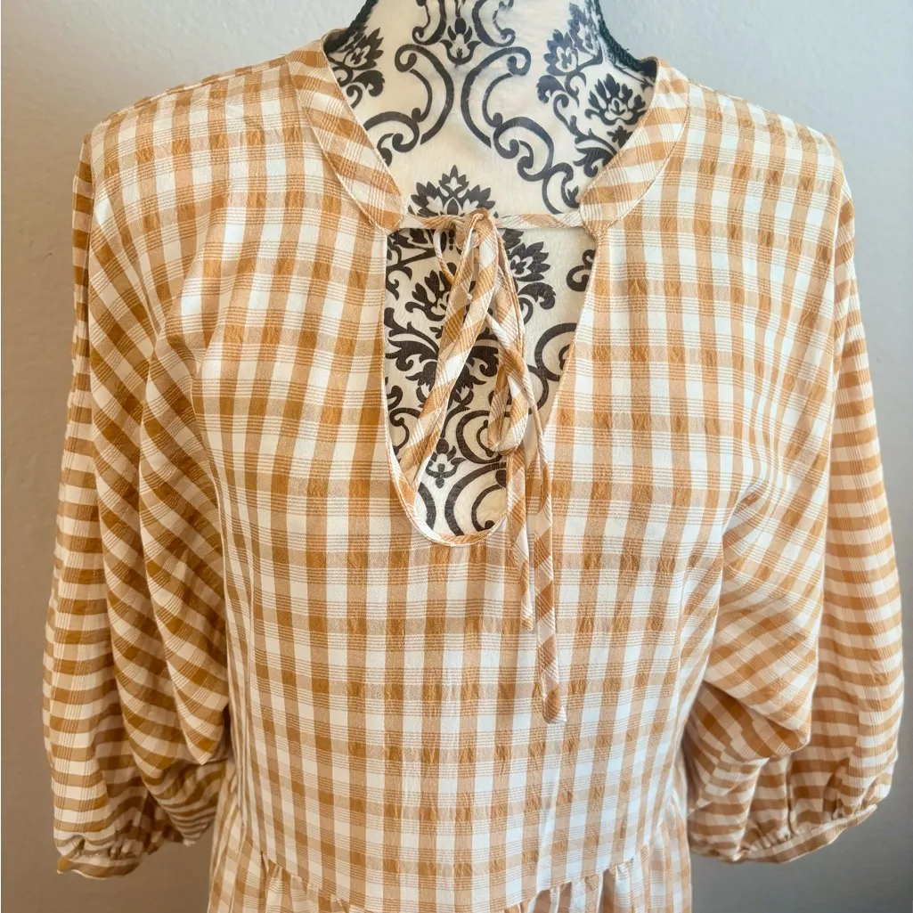 ON YOU White and Camel Gingham Maxi Dress Tan - Image 4