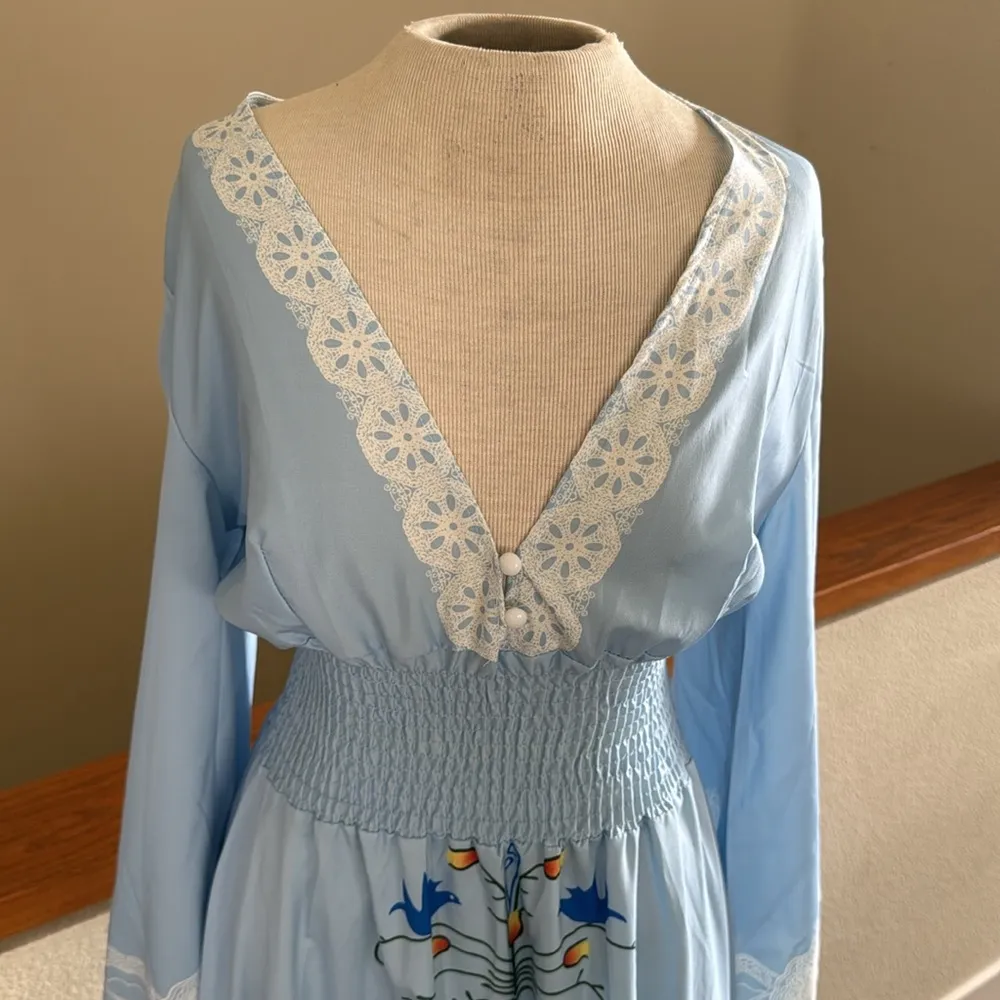 Blue bohemian Tassle fringe Maxi Dress with birds - Image 6