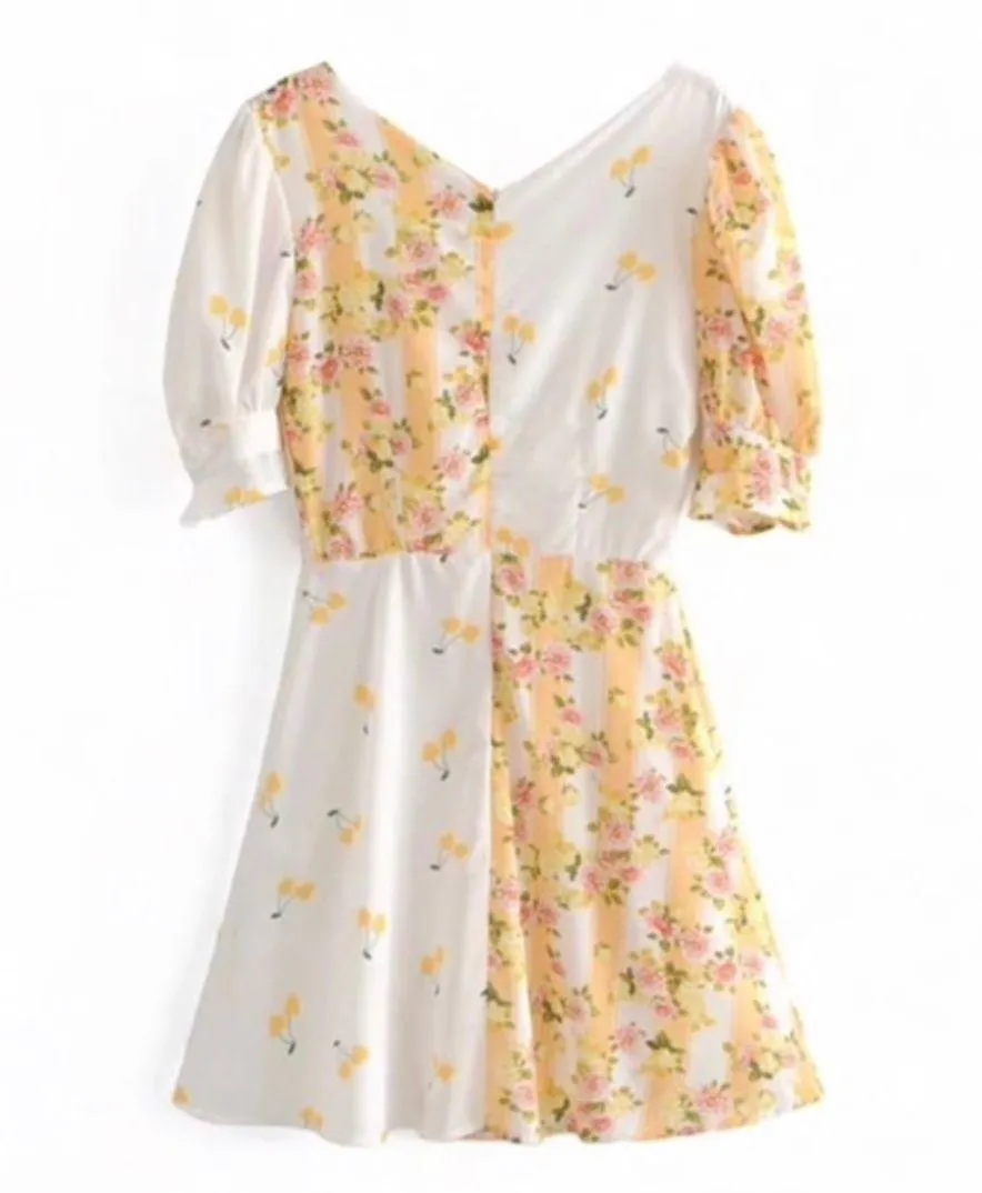 Yellow Floral Cherry Print Mini Dress - Image 6
