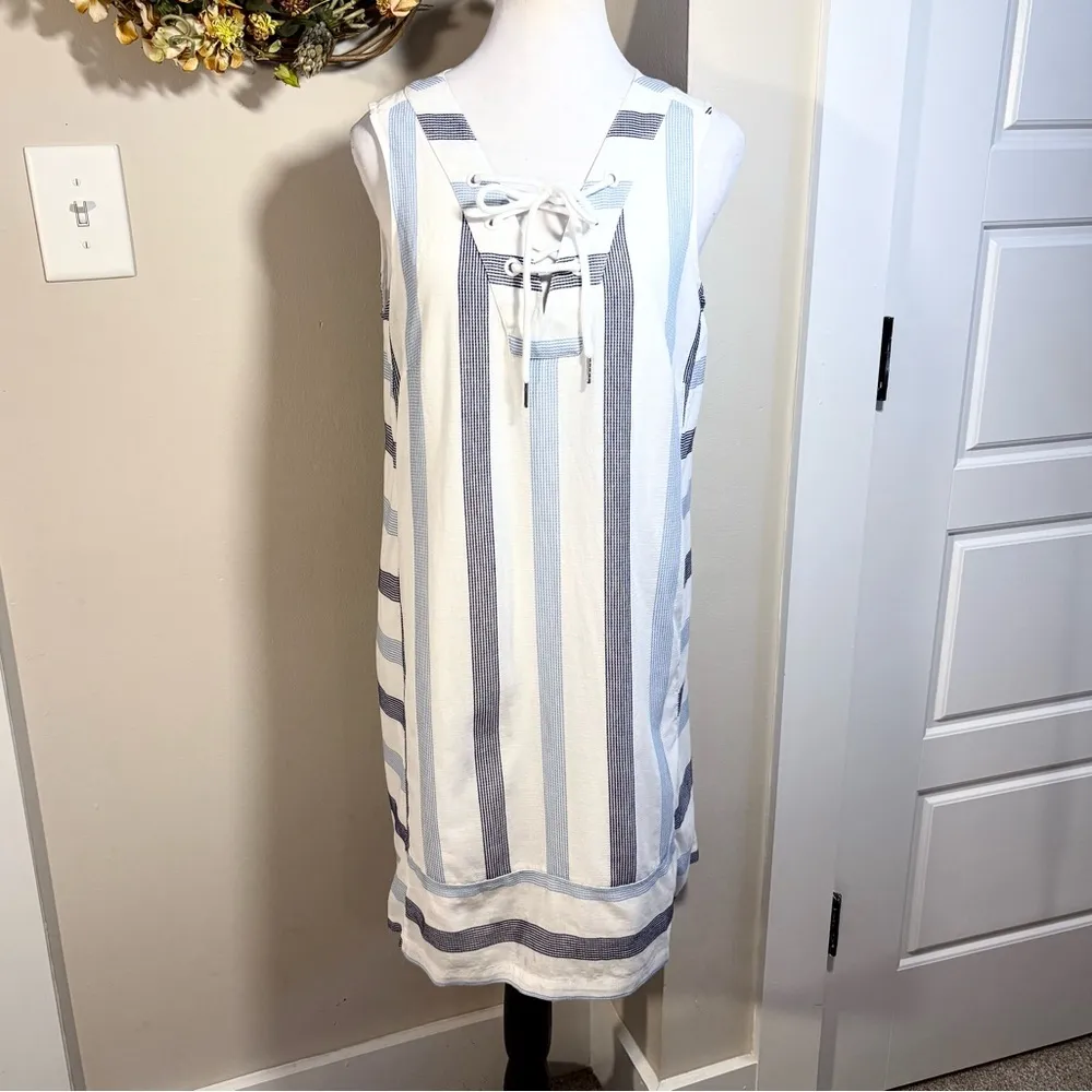 SOUTHERN TIDE Blue/White Striped Lace Up V Coastal Preppy  Shift Dress Sz Small - Image 9