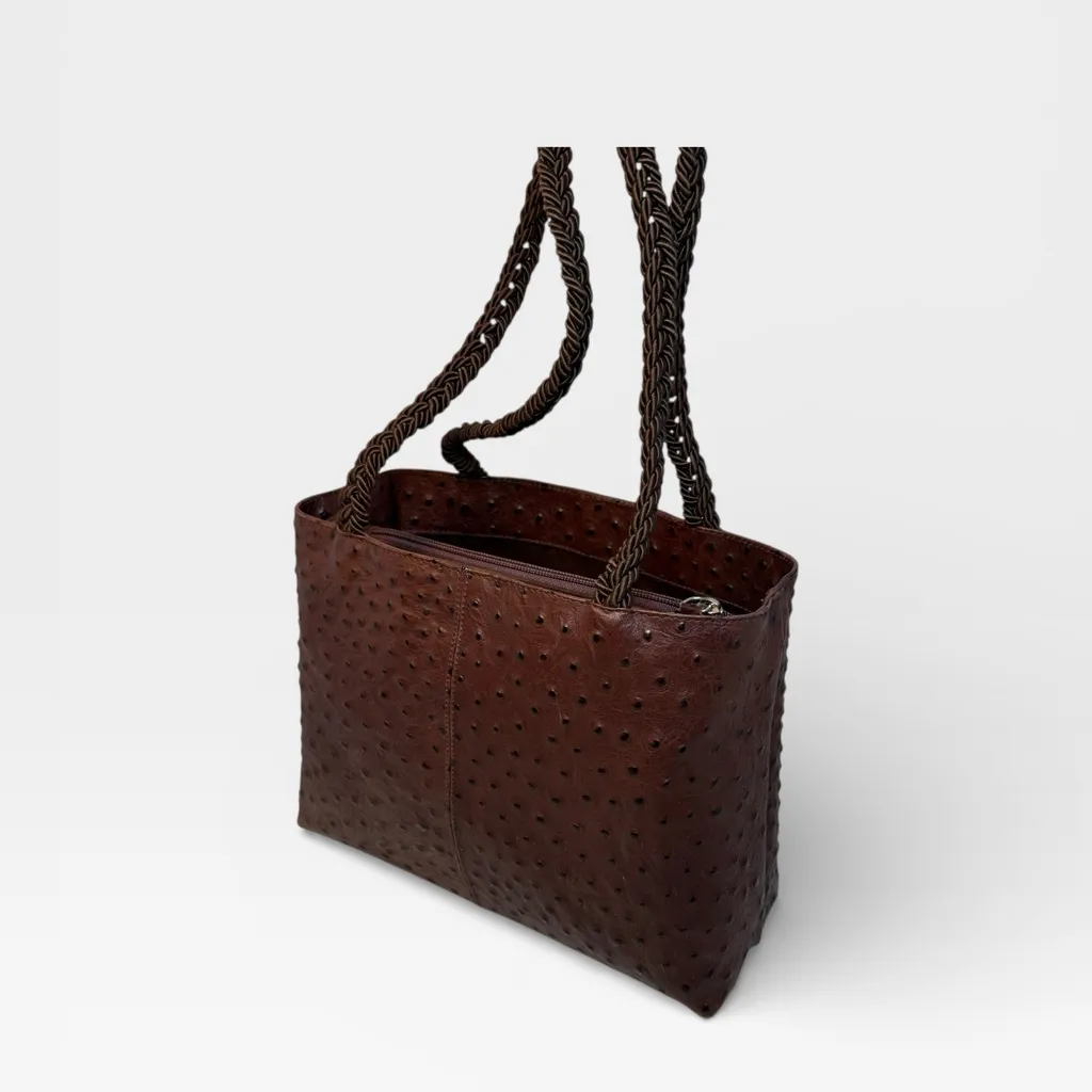 Falor Le Borse Genuine Leather Ostrich Brown Bag Braided Strap Made in Italy - Image 5