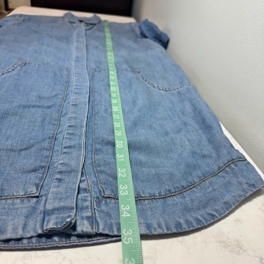 AllSaints Calla Bay Dress US 0 Blue Denim Chambray Short Sleeve Palm Tree - Image 7