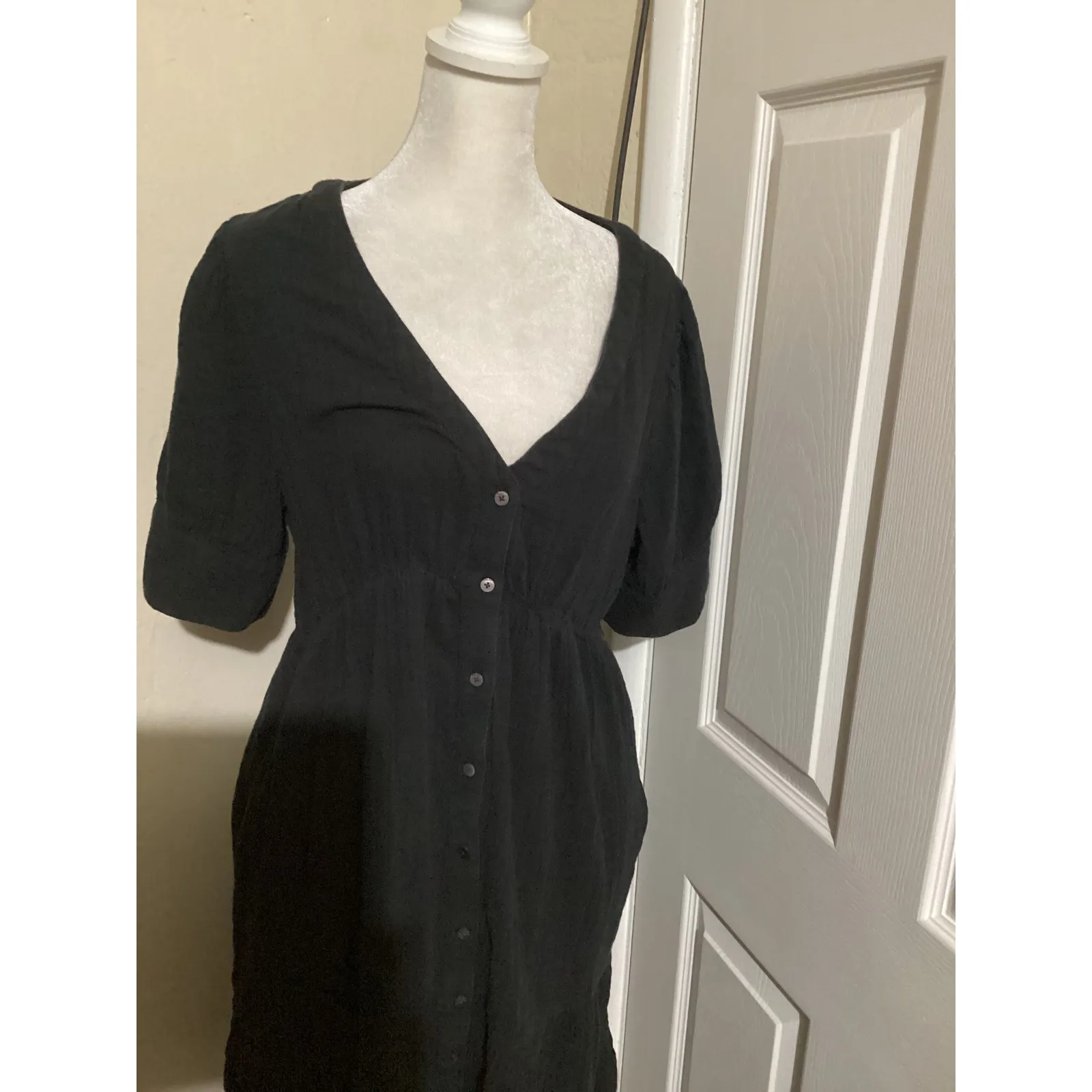 Madewell Black Lightspun Gauze Midi Dress Button Front V Neck Short Sleeve S - Image 3