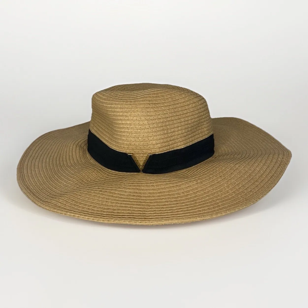 Vince Camuto Women's Tan Wide Brim Sun Hat OS Black Band Gold V Packable‎ Resort - Image 2