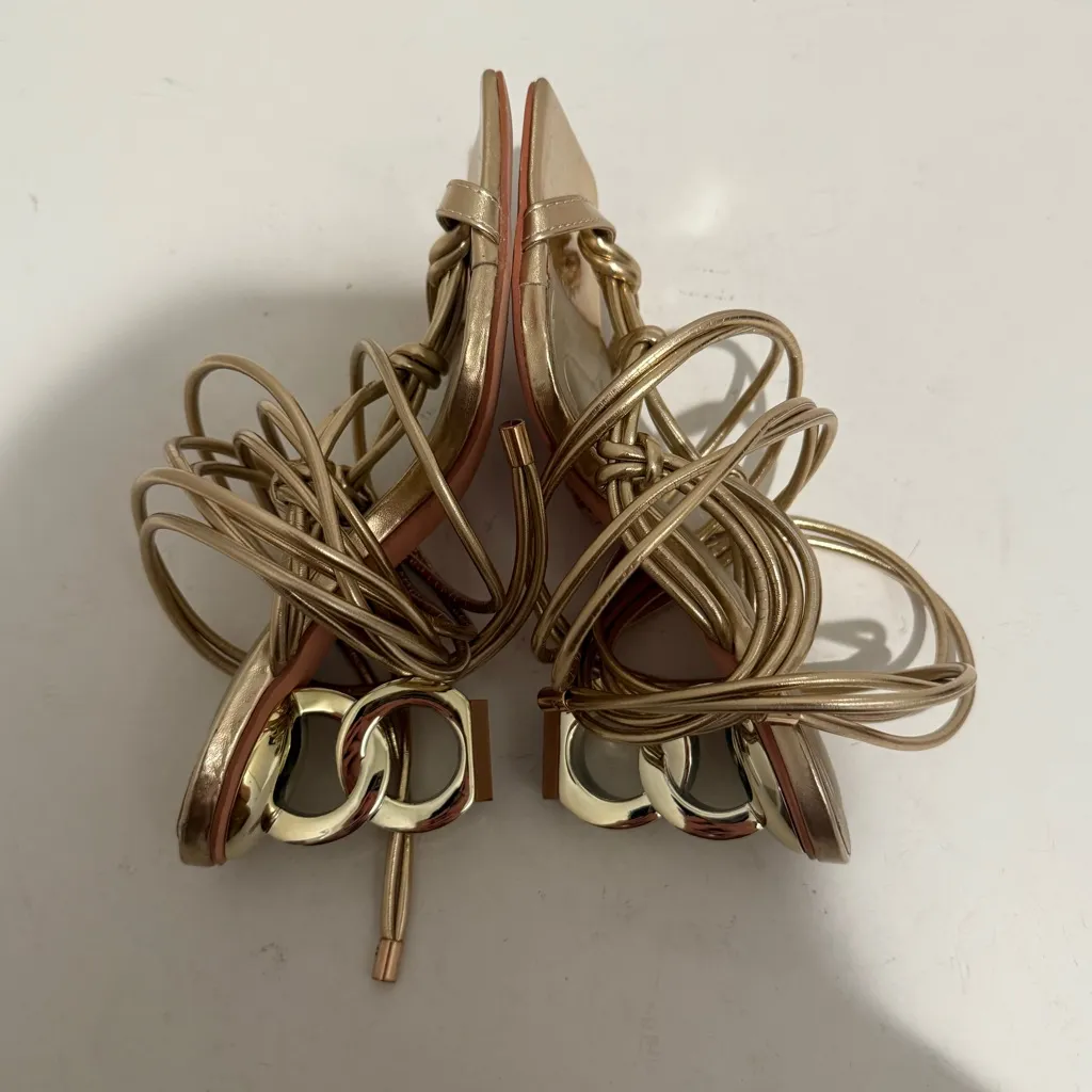 AZALEA WANG Stupendous Gold Ankle Wrap Lace Up High Linking Heel Sandal Size 6.5 - Image 14