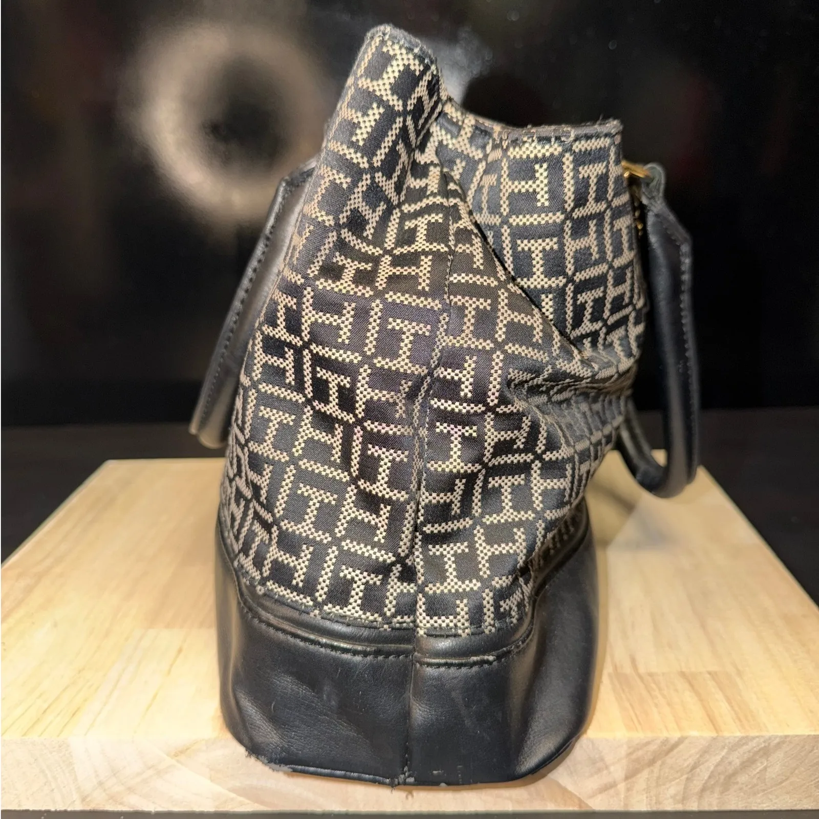 Tommy Hilfiger Tote Bag Black White Monogram Canvas Leather Straps - Image 3