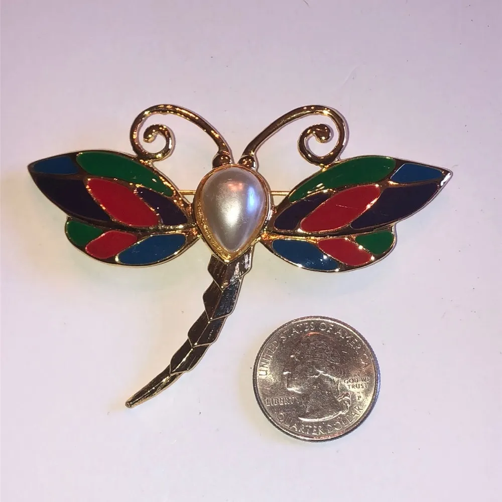 Vintage Gold Tone Colorful Enamel Faux Pearl Dragonfly Brooch Shoulder Pin - Image 2