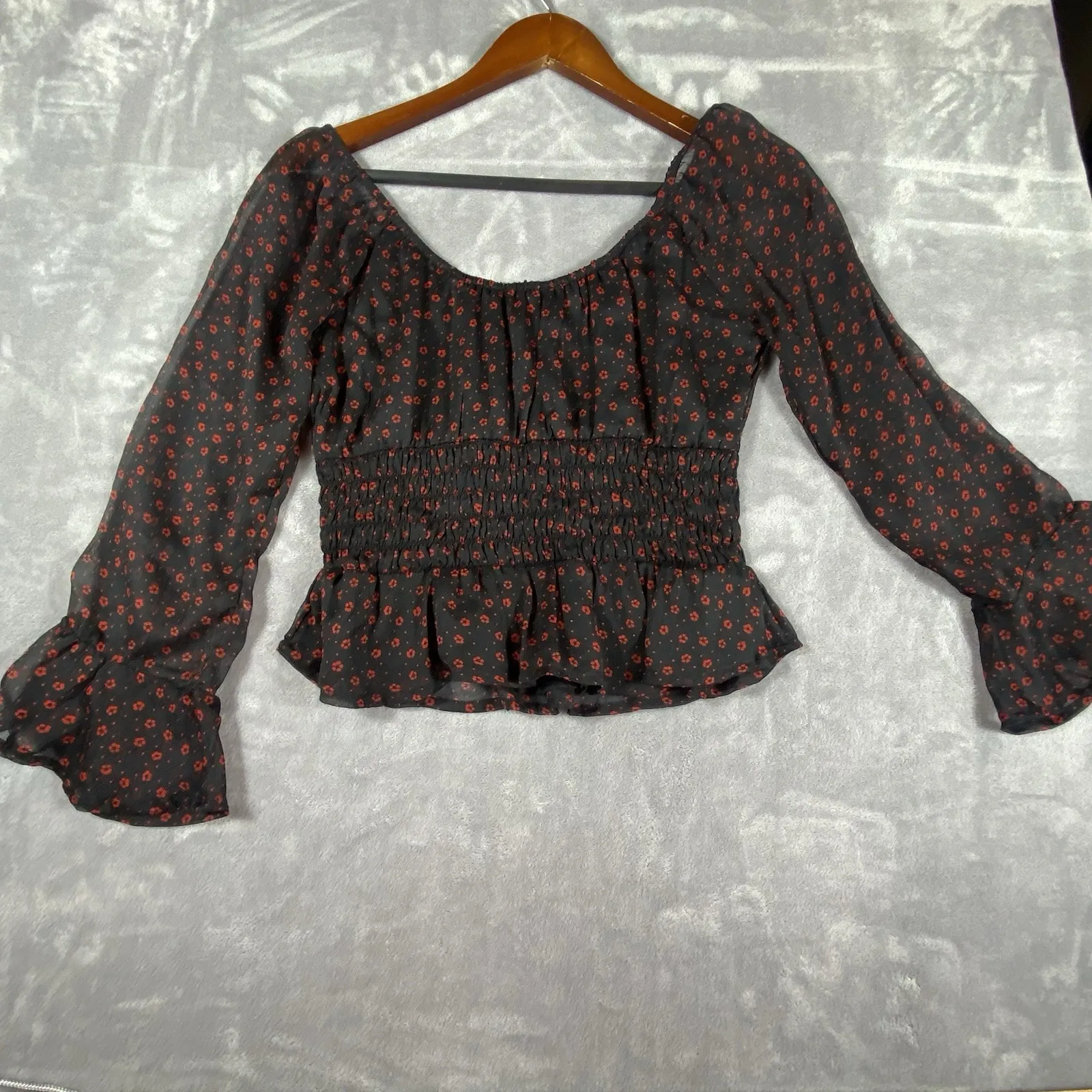 Abercrombie & Fitch Floral Puff Sleeve Top XS Women Crop Peasant Y2K Black 90's‎ - Image 10