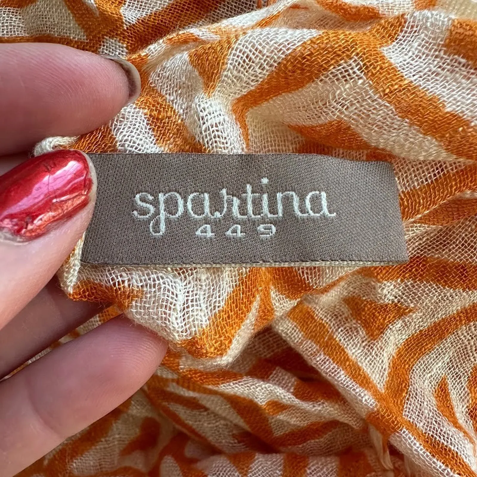 Spartina 449 Orange Cream Geometric Patterned Scarf Fringe Viscose Lightweight - Image 5