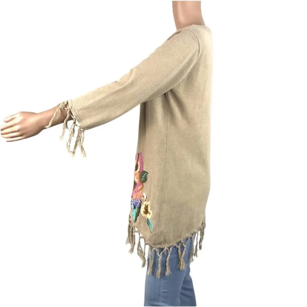 STORYBOOK KNITS Patchwork Sweater Women S Asym Fringe Linen Cottage Boho Y2K Green - Image 2