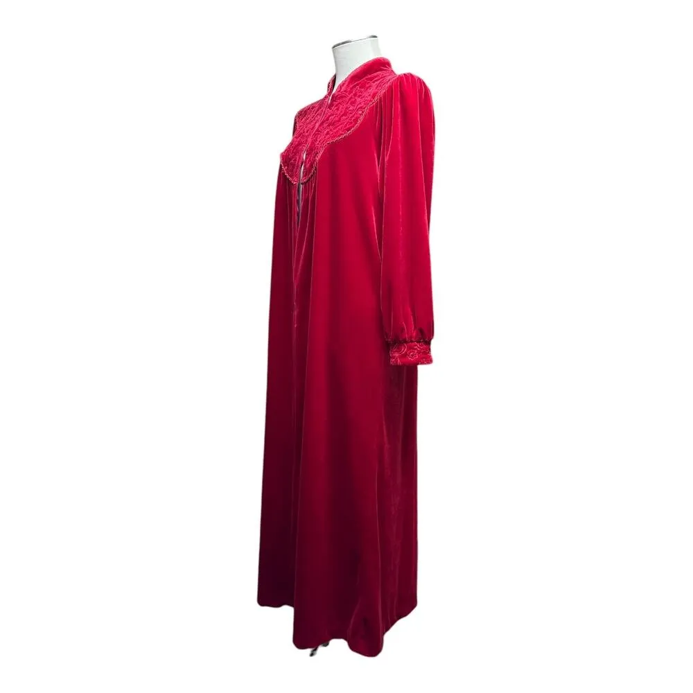 Vintage Jasmine Rose Half Zip Velour Robe House Coat Dress Red Medium - Image 4